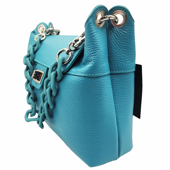 Turquoise Leather Handbag with chain and leather strap - Picture 2 of 6